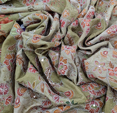 Pastel Green Floral Print Position Embroidered Crepe