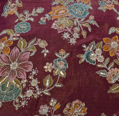 Maroon Wine Floral Print Position Embroidered Tissue