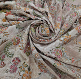 Beige Floral Print Position Embroidered Crepe