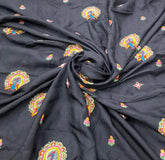 Black Floral & Peacock Multicolour Embroidered Tussar Silk