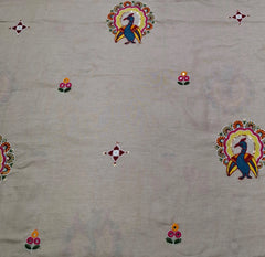 Beige Floral & Peacock Multicolour Embroidered Tussar Silk