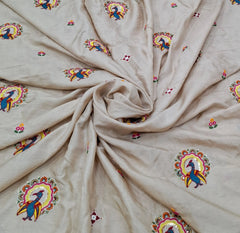 Beige Floral & Peacock Multicolour Embroidered Tussar Silk