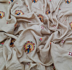 Beige Floral & Peacock Multicolour Embroidered Tussar Silk