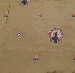 Gold Floral & Peacock Multicolour Embroidered Tussar Silk
