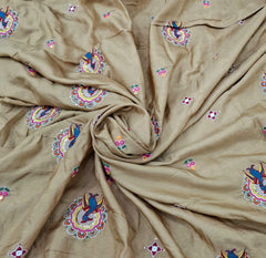 Gold Floral & Peacock Multicolour Embroidered Tussar Silk