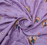 Lavender Floral & Peacock Multicolour Embroidered Tussar Silk