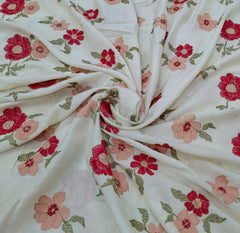 Off White Floral Thread & Sequins Embroidered Slub Silk