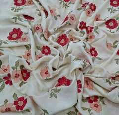 Off White Floral Thread & Sequins Embroidered Slub Silk