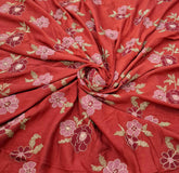 Tomatto Red Floral Thread & Sequins Embroidered Slub Silk