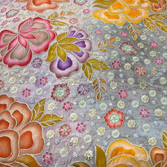 Grey Yellow Printed Sequins Thread Crepe Embroidery