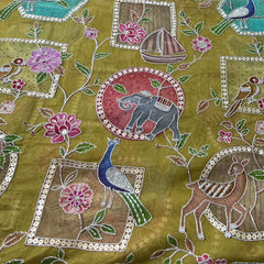 Green Figure Printed Sequins Thread Crepe Embroidery