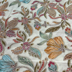 Natural Gold Printed Sequins Thread Crepe Embroidery