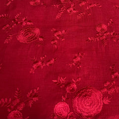 Red Floral Thread Self Slub Silk Embroidery