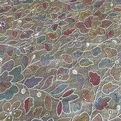 Natural Beige Multicolour Floral Thread Pure Tussar Embroidery