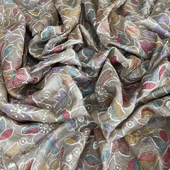 Natural Beige Multicolour Floral Thread Pure Tussar Embroidery