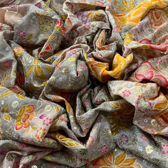 Grey Yellow Printed Sequins Thread Crepe Embroidery