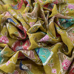 Green Figure Printed Sequins Thread Crepe Embroidery