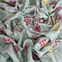 Mint Green Floral Pure Linen Thread Embroidery
