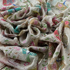 Natural Gold Figure Printed Sequins Thread Crepe Embroidery