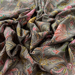 Grey Floral Printed Sequins Thread Crepe Embroidery