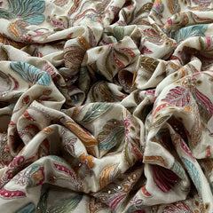 Natural Gold Printed Sequins Thread Crepe Embroidery