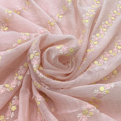 Light Peach Flower Chanderi Thread Embroidery