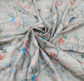 Beige Blue Floral Thread Pure Tussar Embroidery