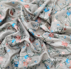 Beige Blue Floral Thread Pure Tussar Embroidery
