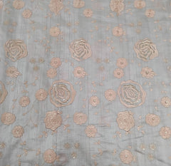 Natural Beige & Peach Floral Thread & Sequin Pure Tussar Embroidery
