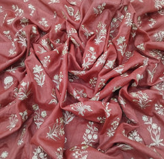 Tomato Red Floral Butta Thread Zari Chanderi Silk Embroidery