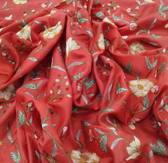Red Multicolour Floral Thread Chinia Silk Embroidery