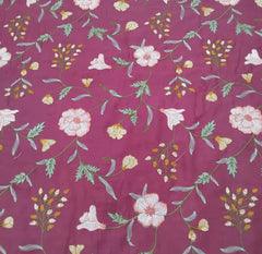 Wine Multicolour Floral Thread Chinia Silk Embroidery