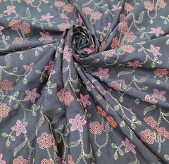 Dark Blue Floral Thread Chinia Silk Embroidery