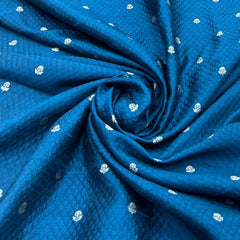 Teal Blue Texture Floral Zari Butti Raw Silk Brocade