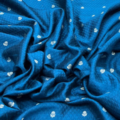Teal Blue Texture Floral Zari Butti Raw Silk Brocade