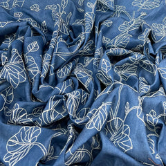 Light Denim Blue Floral Thread Embroidered Denim