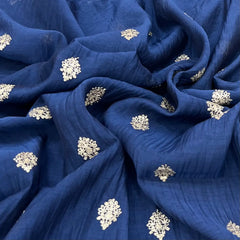 Navy Blue Floral Motif Mul Chanderi Embroidery