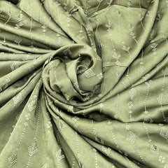 Olive Green Stripes Ethnic Slub Dupion Satin Embroidery