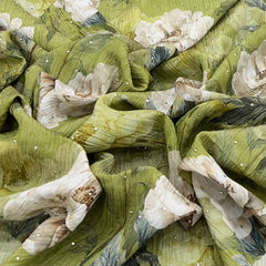 Green Floral Crush Tissue Print & Embroidery