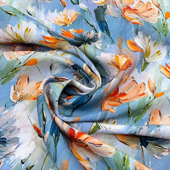 Powder Blue Multicolour Floral Slub Silk Print