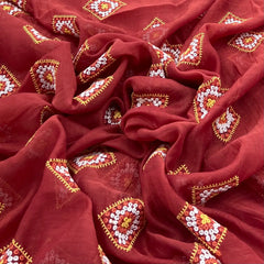 Rust Diamond Shape Thread Mul Chanderi Embroidery