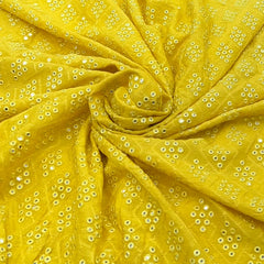 Bright Yellow Mirror Work Slub Silk Embroidery