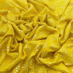 Bright Yellow Mirror Work Slub Silk Embroidery
