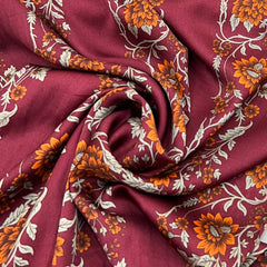 Maroon Floral & Stripes Modal Satin Printed