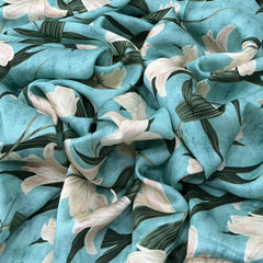Aqua Blue Floral Jal Linen Satin Printed