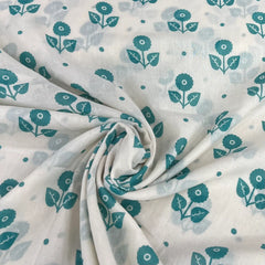 White Blue Floral Motif Mul Cotton Printed