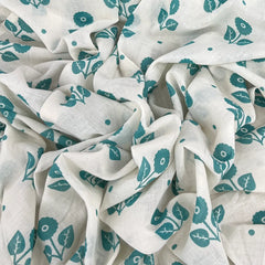 White Blue Floral Motif Mul Cotton Printed