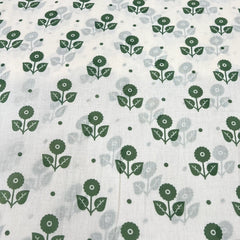 White Green Floral Motif Mul Cotton Printed