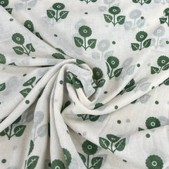 White Green Floral Motif Mul Cotton Printed