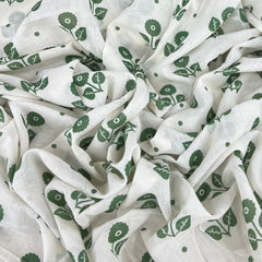 White Green Floral Motif Mul Cotton Printed